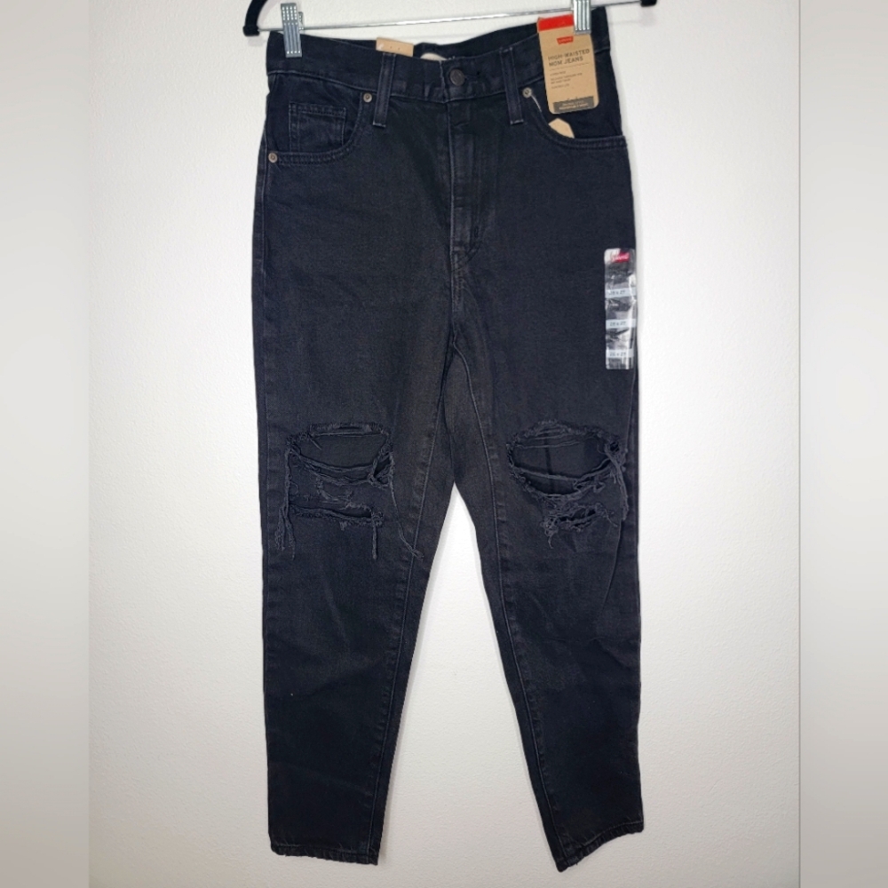 High Waisted Mom Women High Rise Jeans Black Gray Denim Tapered Leg Size 26 (1)